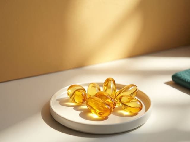 Golden omega-3 softgels catching the light